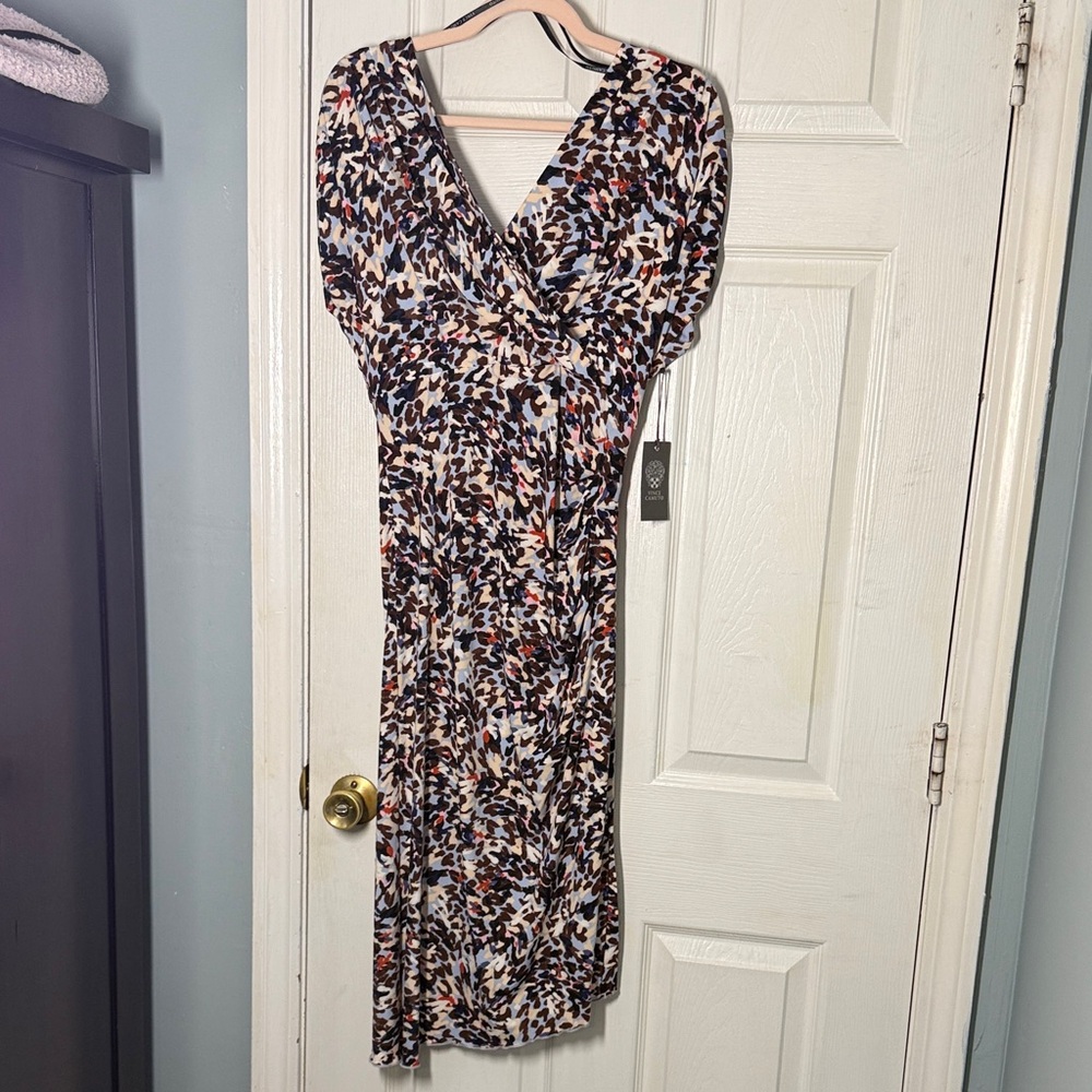 NWT Vince Camuto Cream Multi Abstract Print Twist-Front Midi Dress